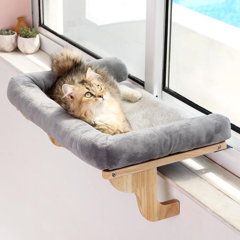 PawGlow solid wood window perch with a cat resting in the sun